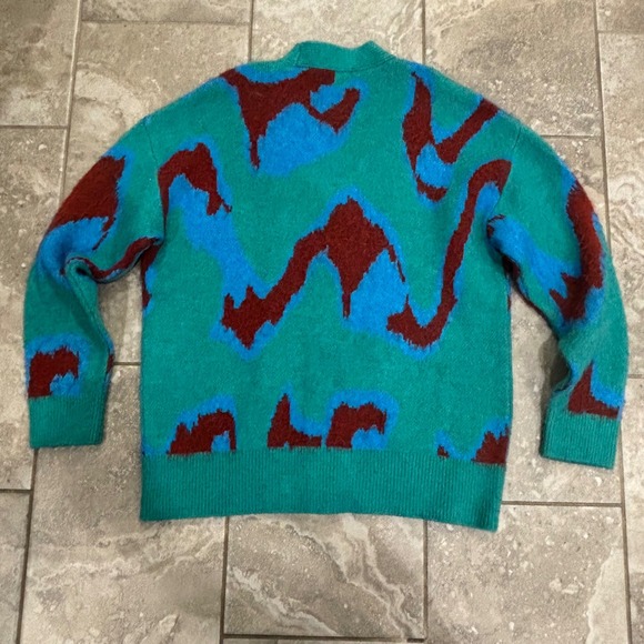 Zara Mens Abstract Jacquard Knit Cardigan Teal Blue Burgundy L-XL - Picture 8 of 14